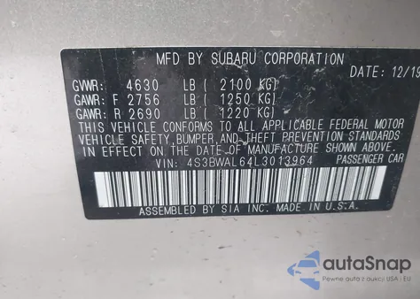 2020 Subaru Legacy Limited from USA, damaged, VIN 4S3BWAL64L3013964